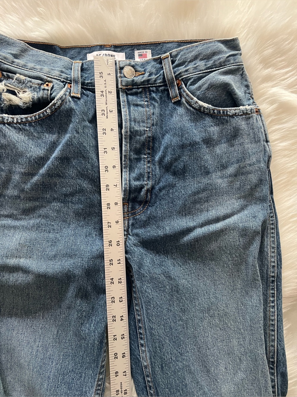 Re/done High-Waist Distressed Button-Fly Jeans - Medium Blue size 28 - Picture 8 of 10